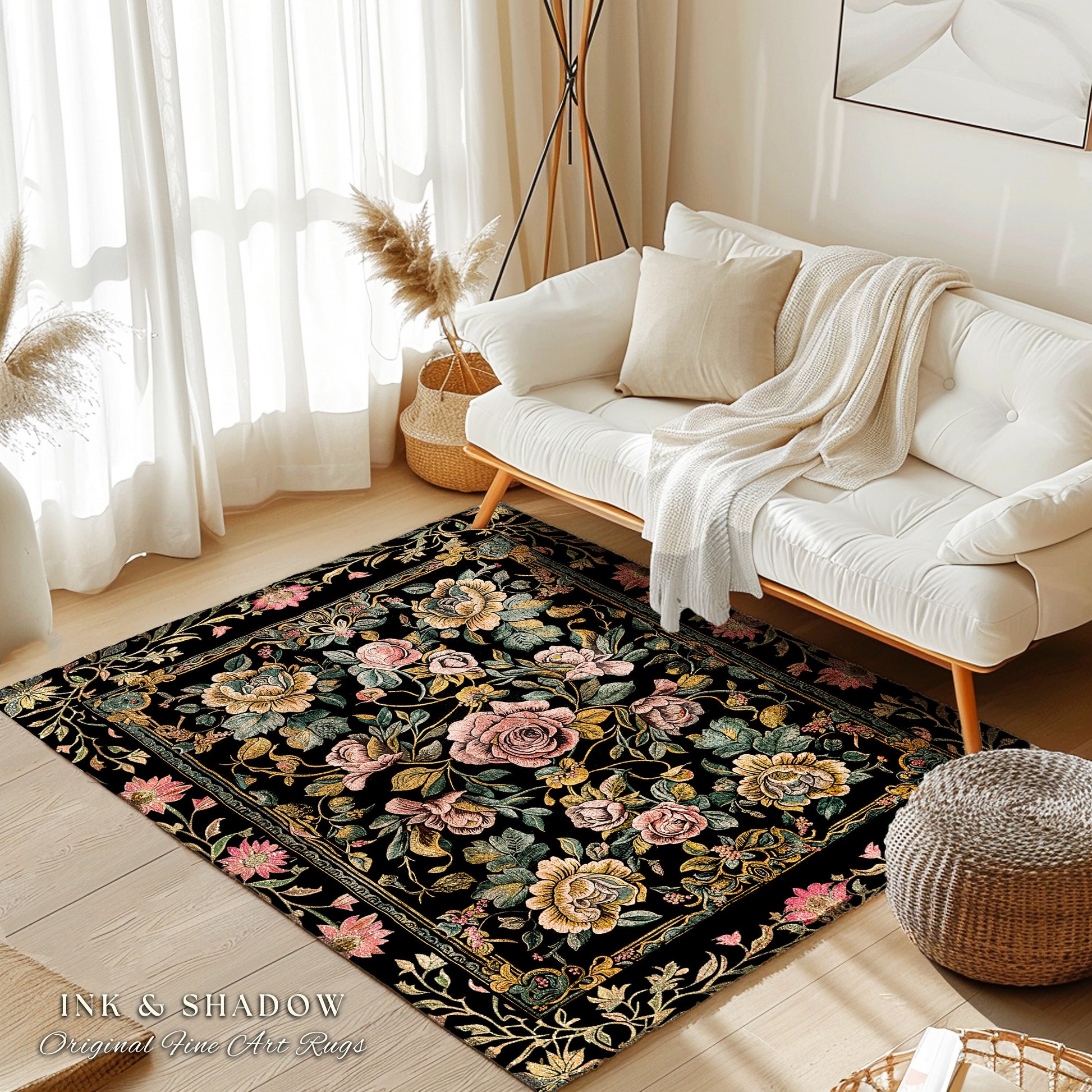 Antique Rose Aesthetic Rug Victorian Floral Dark Academia Decorative Rug Pink Rose Flower Dark Cottagecore Vintage Floral Housewarming Gift