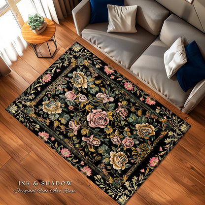 Antique Rose Aesthetic Rug Victorian Floral Dark Academia Decorative Rug Pink Rose Flower Dark Cottagecore Vintage Floral Housewarming Gift