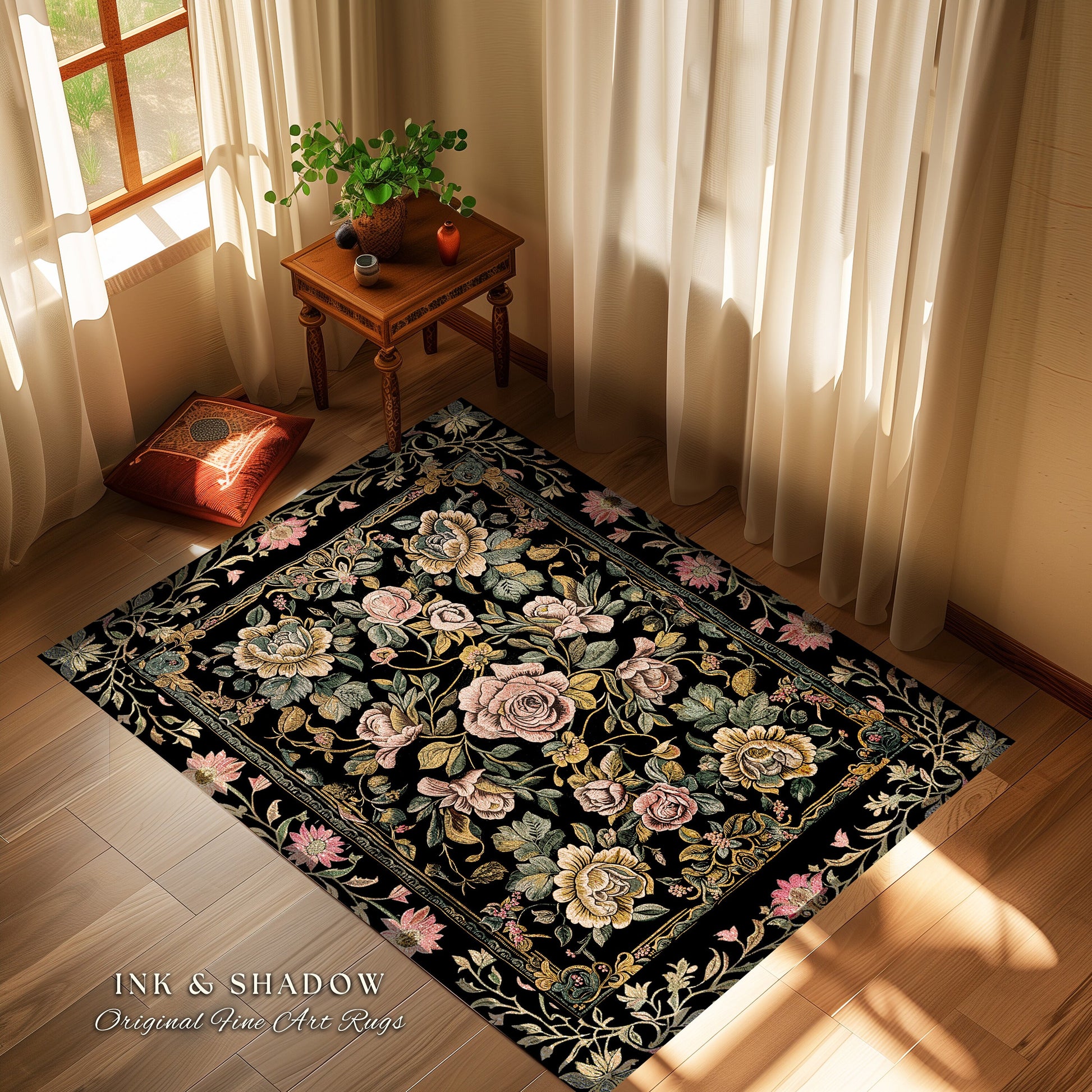 Antique Rose Aesthetic Rug Victorian Floral Dark Academia Decorative Rug Pink Rose Flower Dark Cottagecore Vintage Floral Housewarming Gift