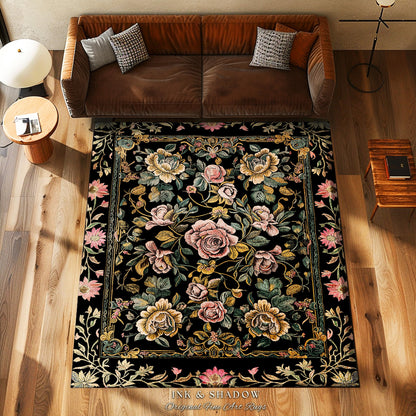 Antique Rose Aesthetic Rug Victorian Floral Dark Academia Decorative Rug Pink Rose Flower Dark Cottagecore Vintage Floral Housewarming Gift