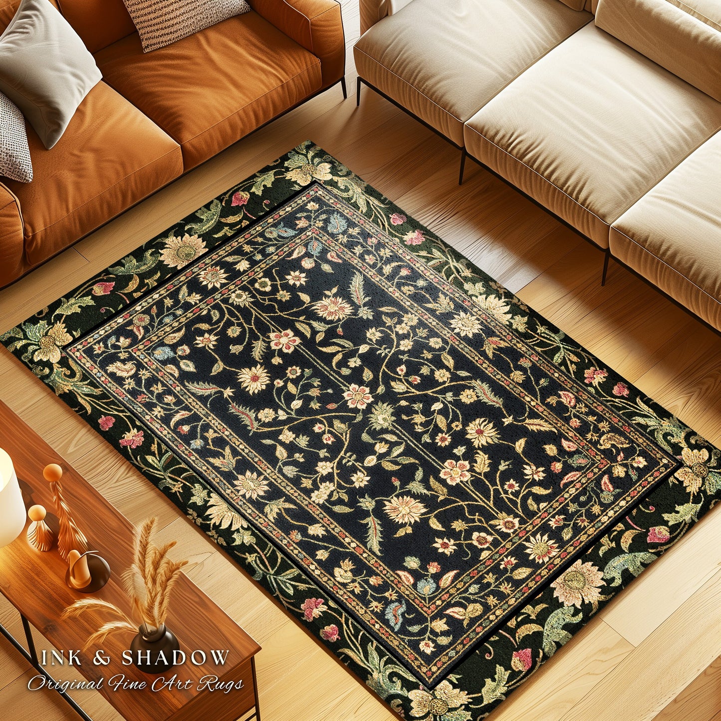 Dark Academia Living Room Rug | Dark Floral Aesthetic Common Room Home Decor Rustic Housewarming Gift Cottagecore Dark Floral Bedroom Mat