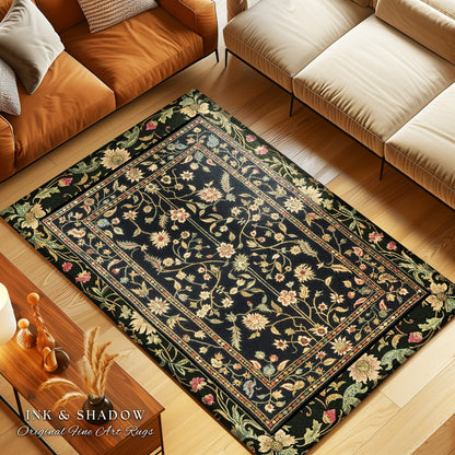 Dark Academia Living Room Rug | Dark Floral Aesthetic Common Room Home Decor Rustic Housewarming Gift Cottagecore Dark Floral Bedroom Mat