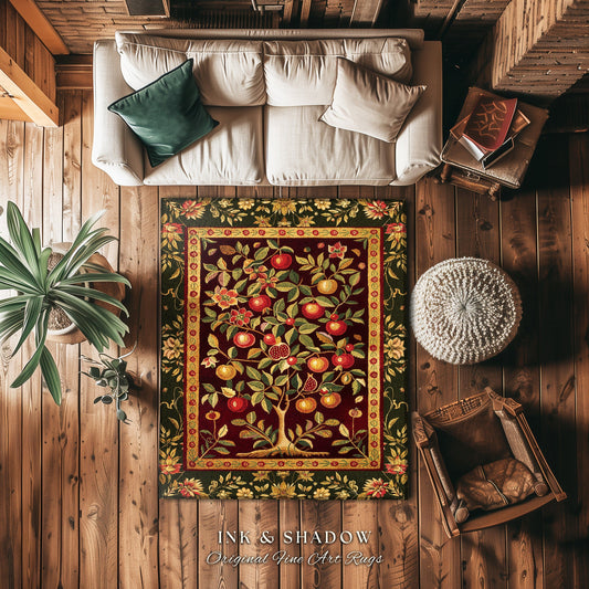 Pomegranate Tree Medieval Rug | Fruitful Aesthetic Living Room Moroccan Home Decor Rustic Housewarming Gift Cottagecore Nature Bedroom |