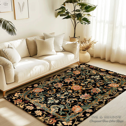 Dark Floral Victorian Rug | Wildflower Aesthetic Living Room Gothic Home Decor Rustic Housewarming Gift Dark Academia Bedroom Folklore Decor