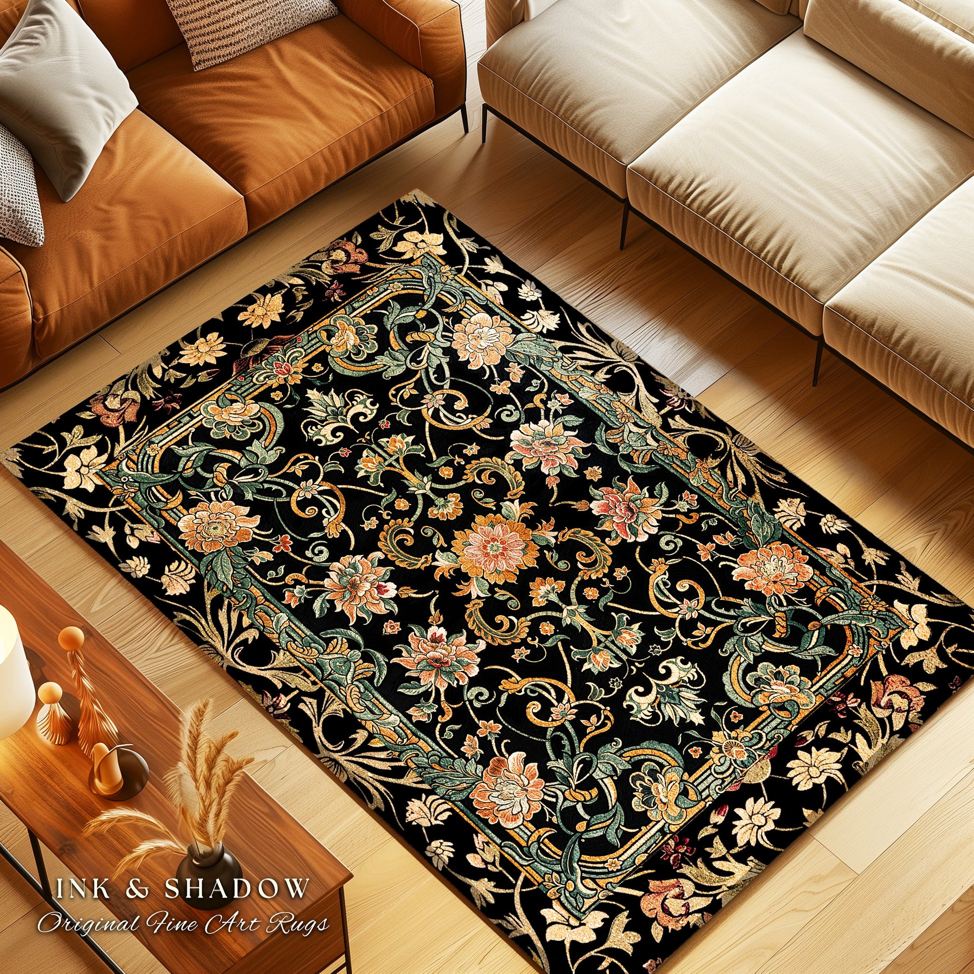 Dark Floral Victorian Rug | Wildflower Aesthetic Living Room Gothic Home Decor Rustic Housewarming Gift Dark Academia Bedroom Folklore Decor