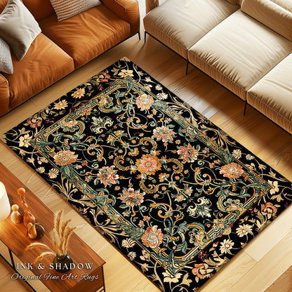 Dark Floral Victorian Rug | Wildflower Aesthetic Living Room Gothic Home Decor Rustic Housewarming Gift Dark Academia Bedroom Folklore Decor