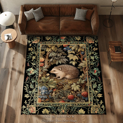 Hedge Hog Lover Botanical Rug | Forestcore Decor Cottagecore Reading Corner Accent Rug Dark Fairycore Room Mystical Woodland Hedgehog Gift |