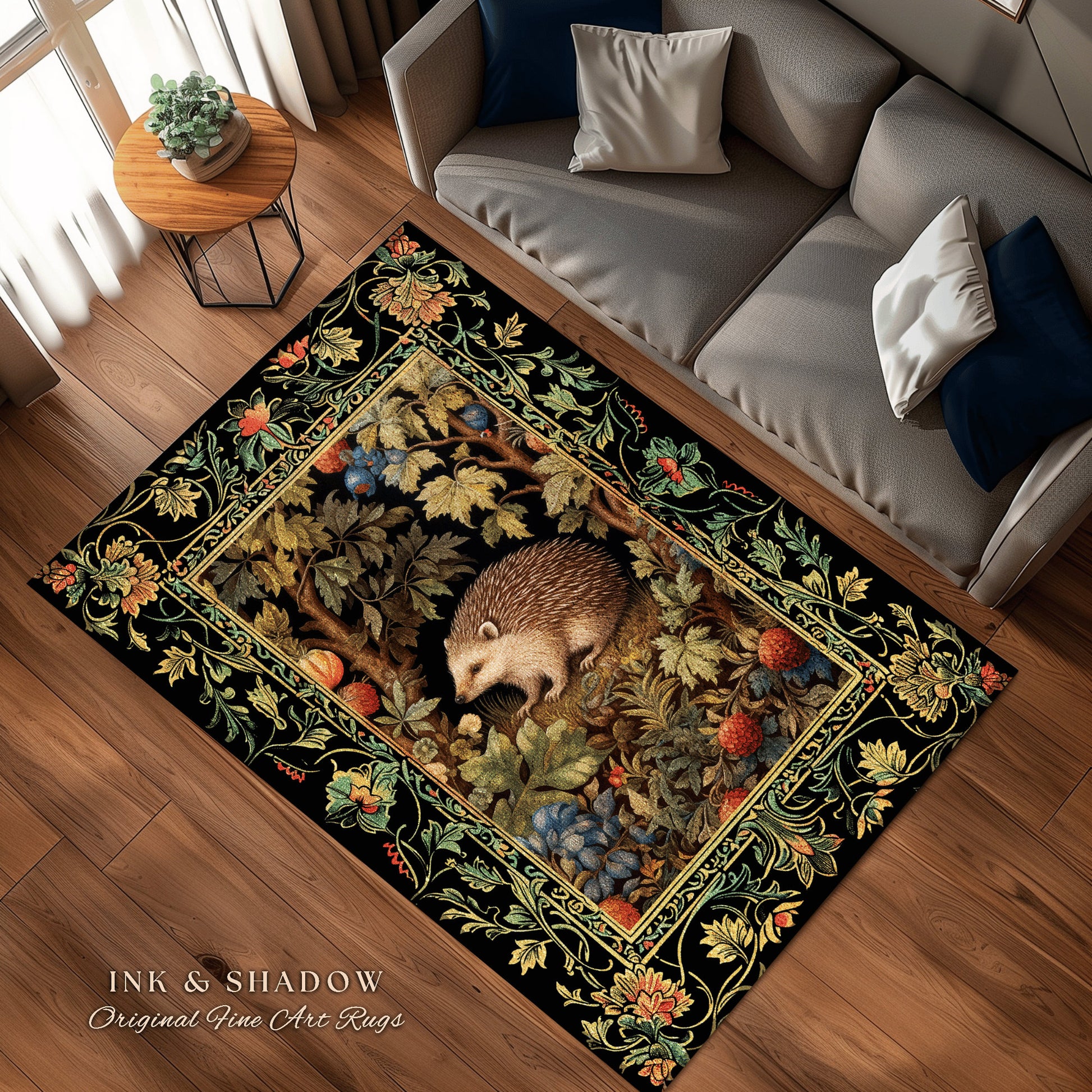 Hedge Hog Lover Botanical Rug | Forestcore Decor Cottagecore Reading Corner Accent Rug Dark Fairycore Room Mystical Woodland Hedgehog Gift |