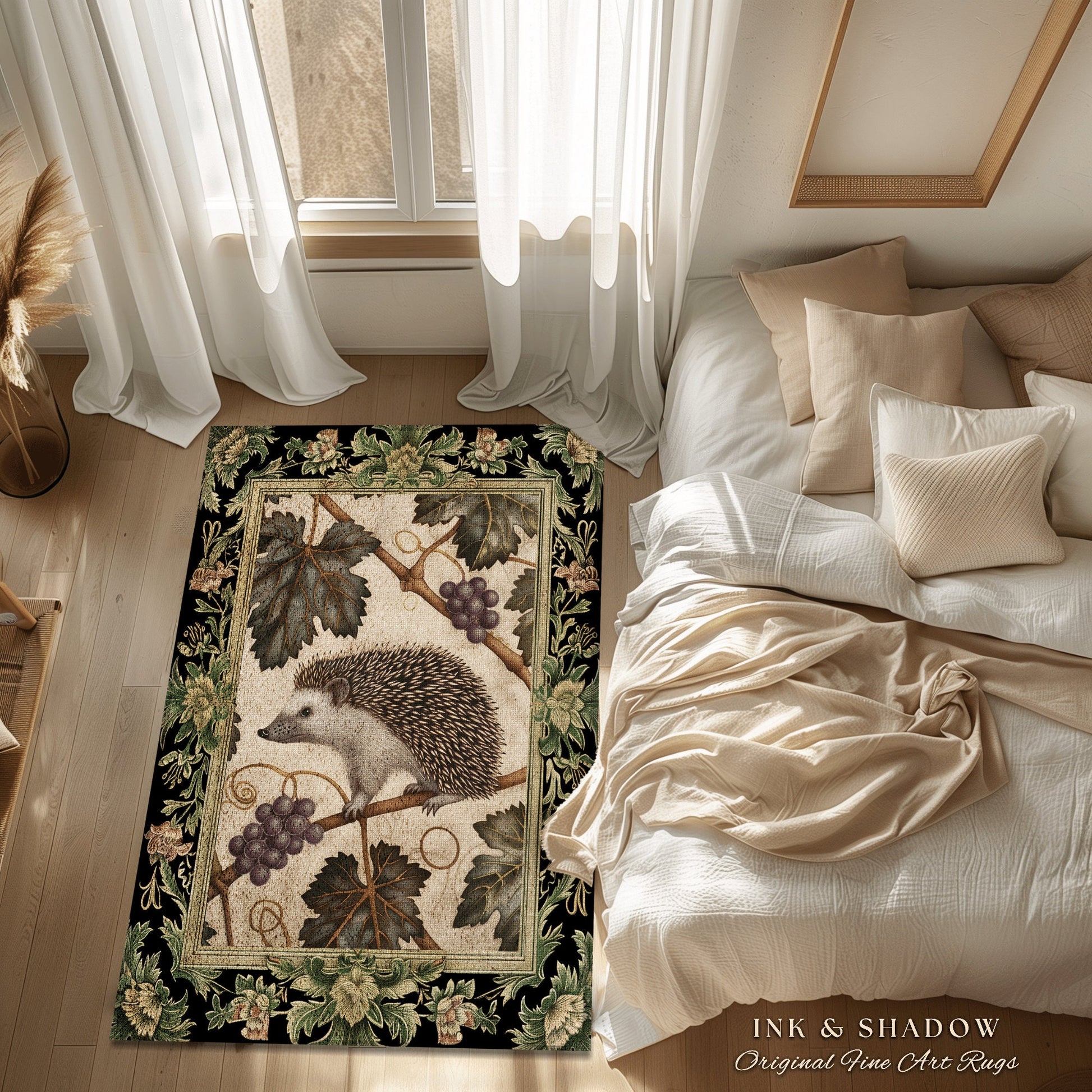 Mystic Botanical Hedgehog Rug | Whimsical Woodland Victorian Accent Rug Cozy Book Nook Cottagecore Rustic Bedroom Gift for Hedgehog Lover |