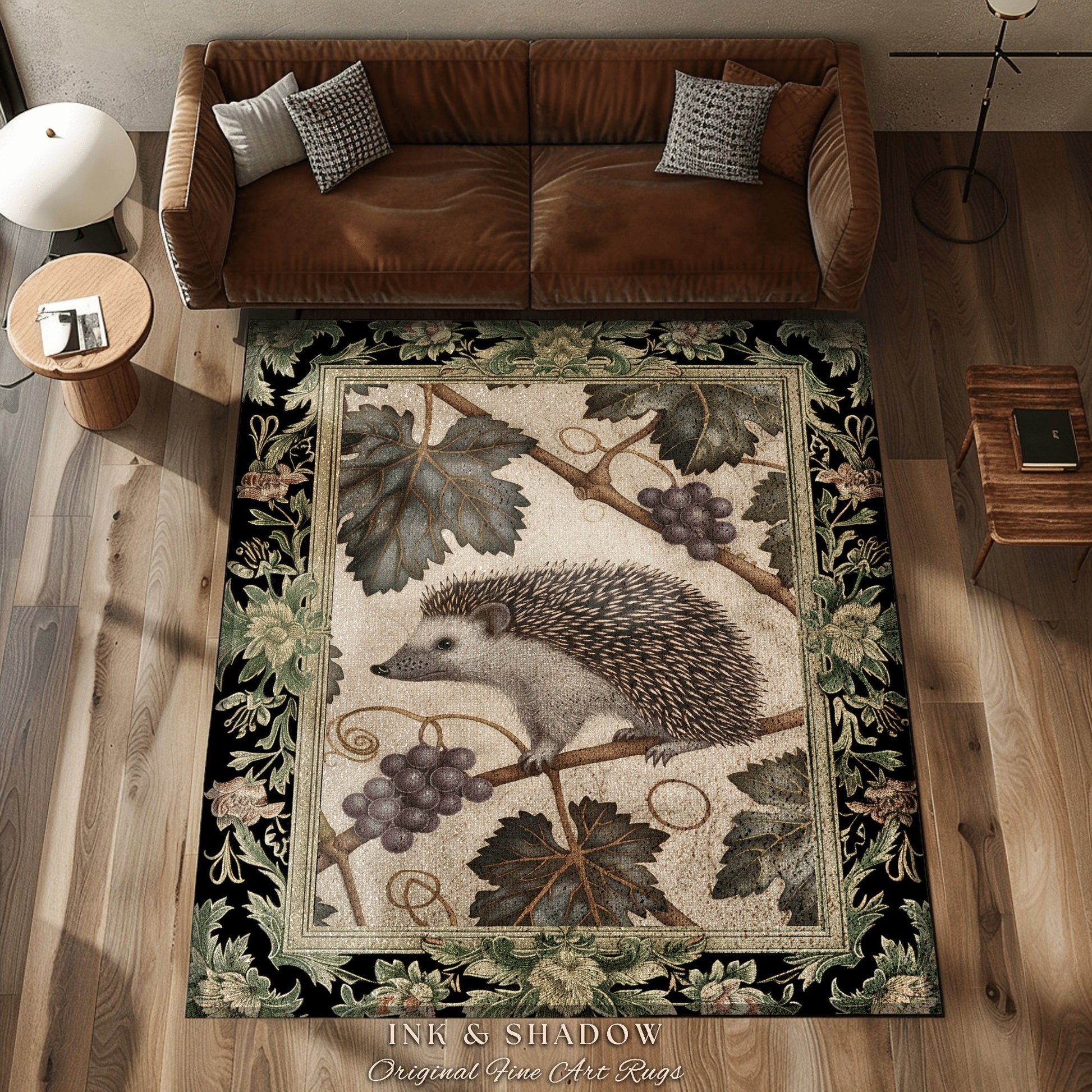 Mystic Botanical Hedgehog Rug | Whimsical Woodland Victorian Accent Rug Cozy Book Nook Cottagecore Rustic Bedroom Gift for Hedgehog Lover |