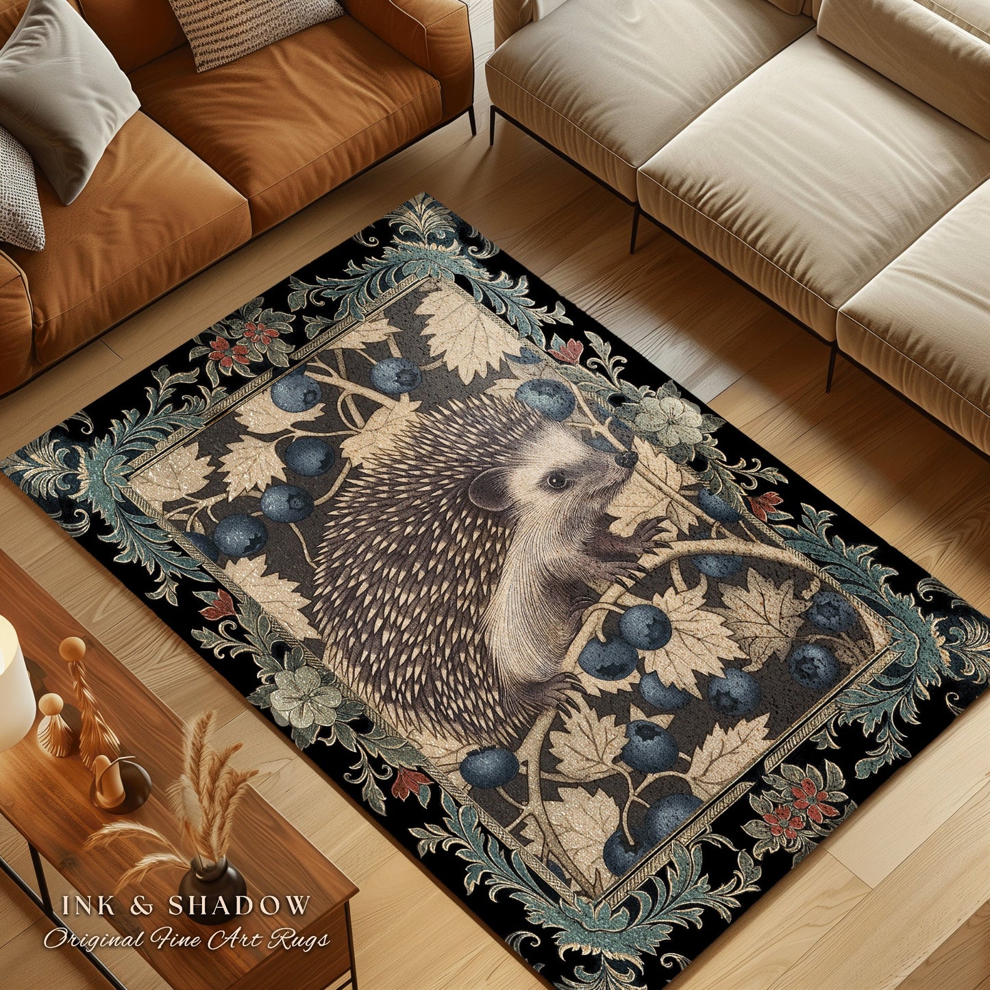 Victorian Gothic Hedgehog Rug | Dark Woodland Autumn Aesthetic Cozy Cottagecore Book Nook Accent Rug Dark Fairycore Room Hedgehog Lover |