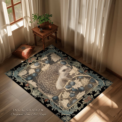 Victorian Gothic Hedgehog Rug | Dark Woodland Autumn Aesthetic Cozy Cottagecore Book Nook Accent Rug Dark Fairycore Room Hedgehog Lover |