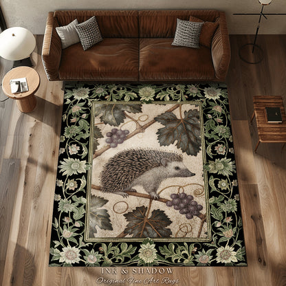 Maximalist Hedgehog Accent Rug | Whimsy Woodland Victorian Bedroom Cozy Cottagecore Rustic Decor Dark Fairy Grunge Aesthetic Hedgehog Art |