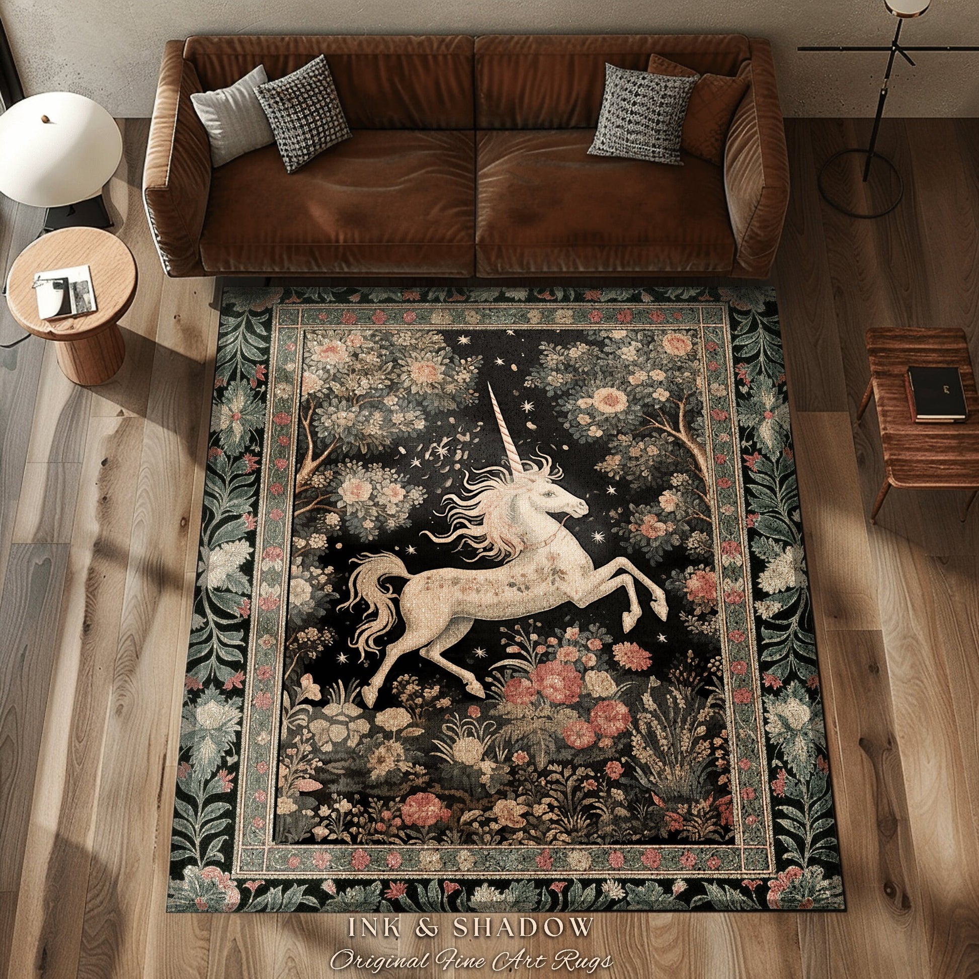 Mystical Folklore Unicorn Rug | Whimsical Room Decor Morris Inspired Cottagecore Aesthetic Pastel Floral Woodland Fairycore Area Rug Magical