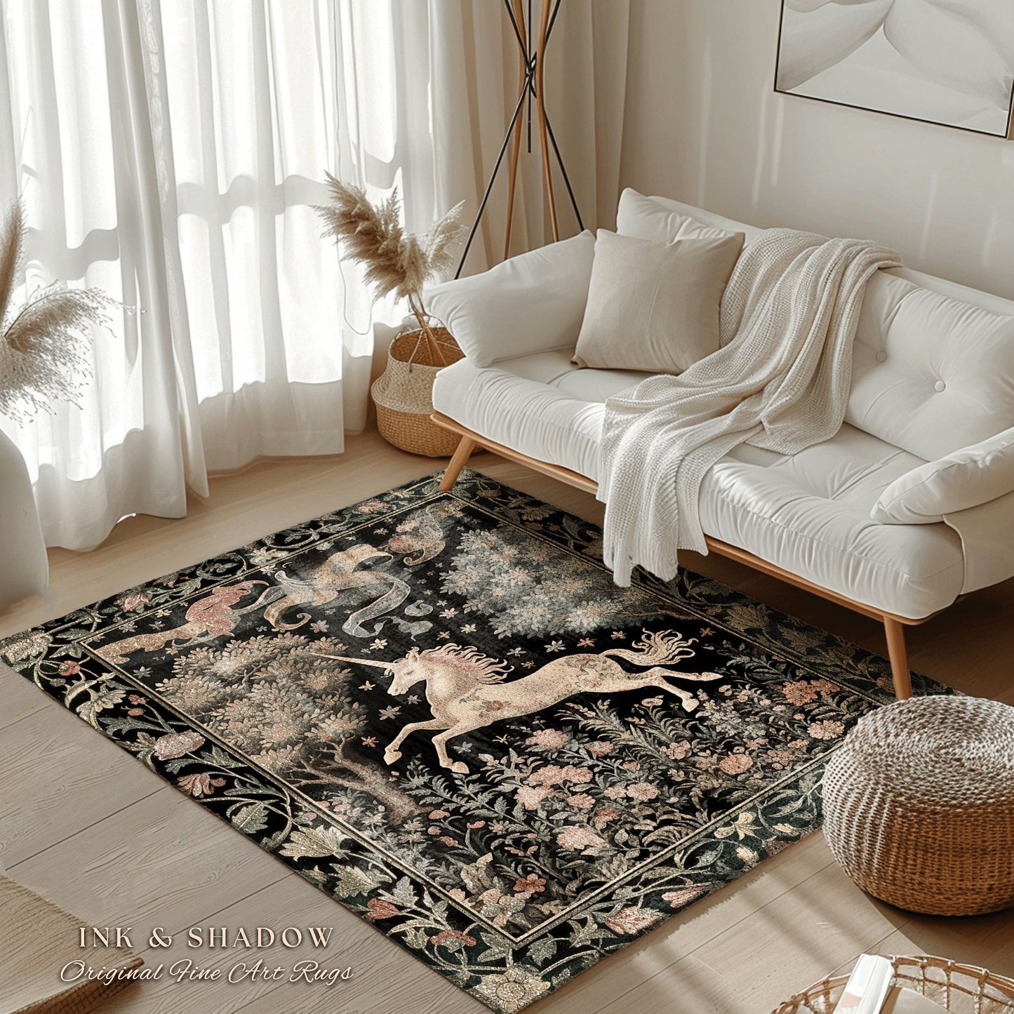 Ethereal Unicorn Whimsical Rug | Folklore Nursery Decor William Morris Inspired Cottagecore Aesthetic Fairy Woodland Pastel Magical Decor