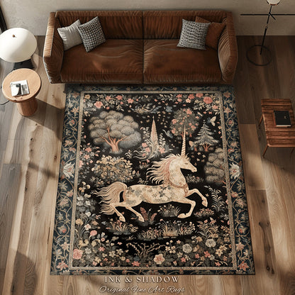 Fairy Grunge Unicorn Rug | Folklore Aesthetic Nursery Decor Morris Style Cottagecore Woodland Fairycore Mystical Throw Ethereal Unicorn Art