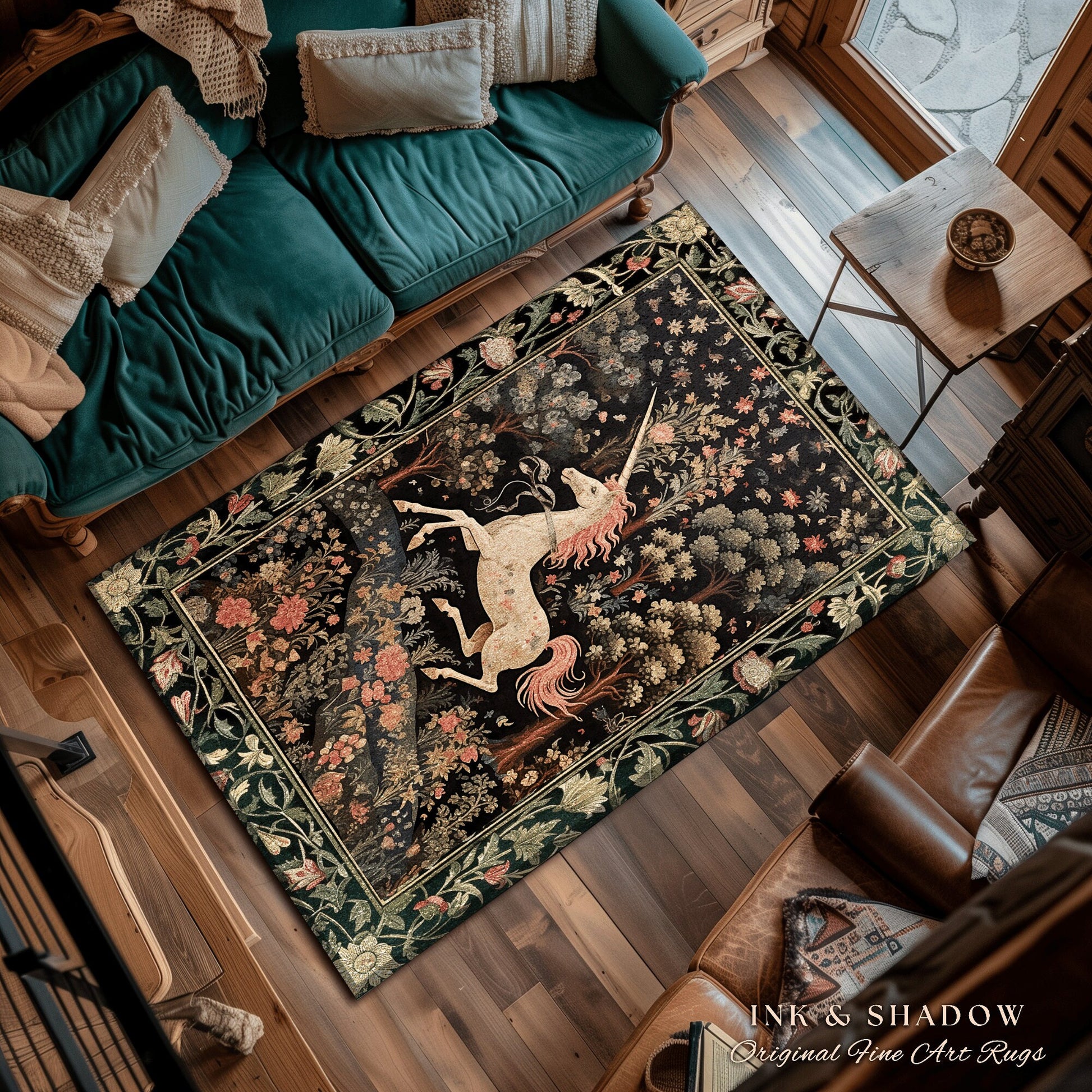 Celestial Unicorn Aesthetic Rug | Folklore Aesthetic Room Decor Morris Inspired Cottagecore Cozy Fairycore Unicorn Area Rug Mystical Bedroom