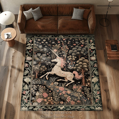 Celestial Unicorn Aesthetic Rug | Folklore Aesthetic Room Decor Morris Inspired Cottagecore Cozy Fairycore Unicorn Area Rug Mystical Bedroom