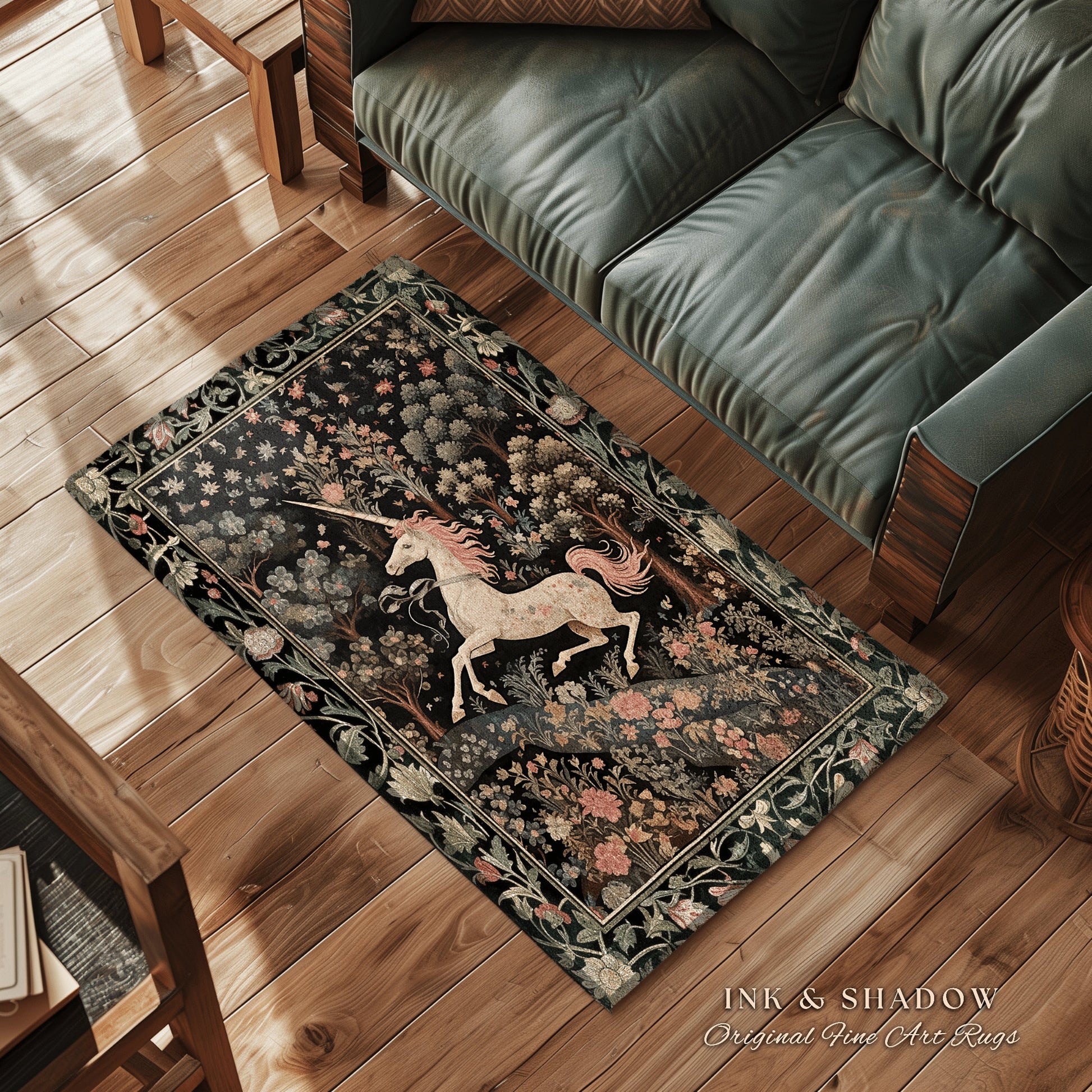 Celestial Unicorn Aesthetic Rug | Folklore Aesthetic Room Decor Morris Inspired Cottagecore Cozy Fairycore Unicorn Area Rug Mystical Bedroom