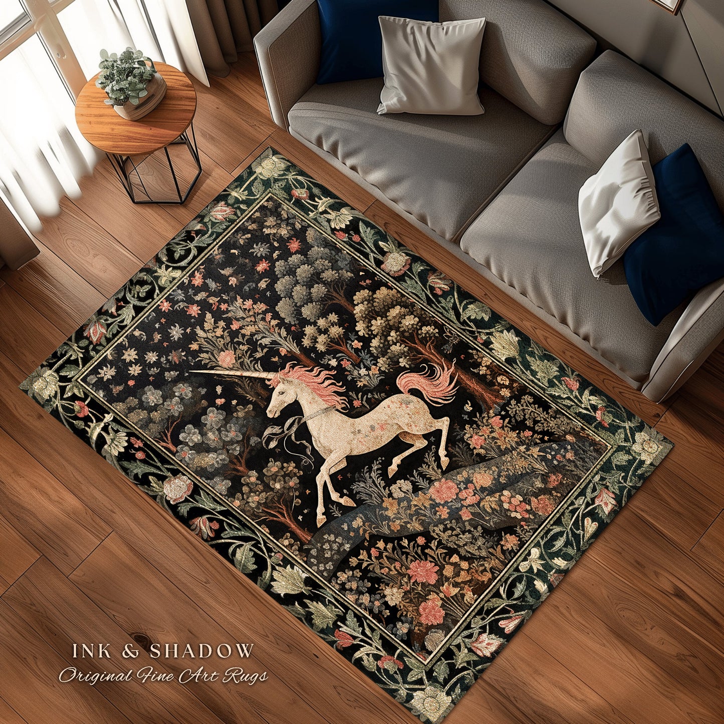 Celestial Unicorn Aesthetic Rug | Folklore Aesthetic Room Decor Morris Inspired Cottagecore Cozy Fairycore Unicorn Area Rug Mystical Bedroom