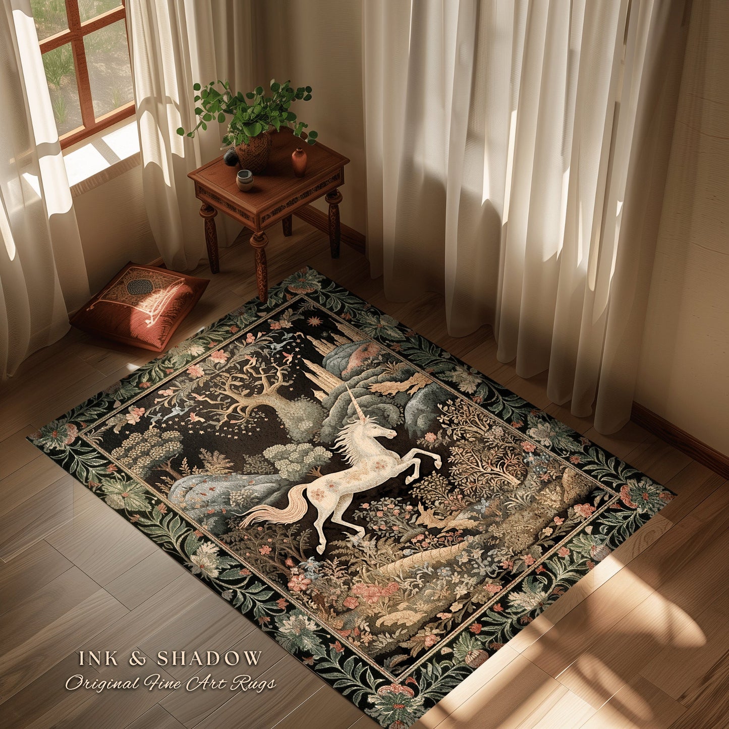 Fairytale Unicorn Floor Rug | Whimsical Fairy Folklore Aesthetic Room Decor Morris Inspired Cottagecore Cozy Fairycore Mystical Bedroom Rug