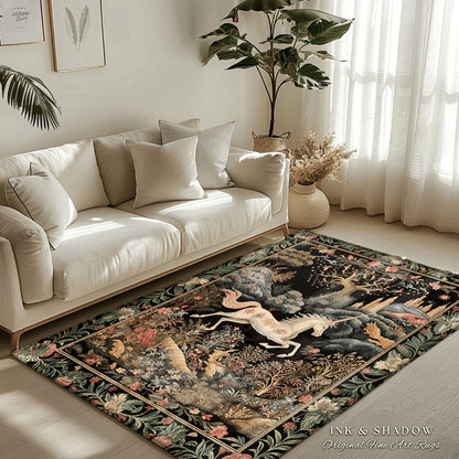 Fairytale Unicorn Floor Rug Round | Whimsical Fairy Folklore Aesthetic Room Decor Morris Inspired Cottagecore Fairycore Mystical Bedroom Rug