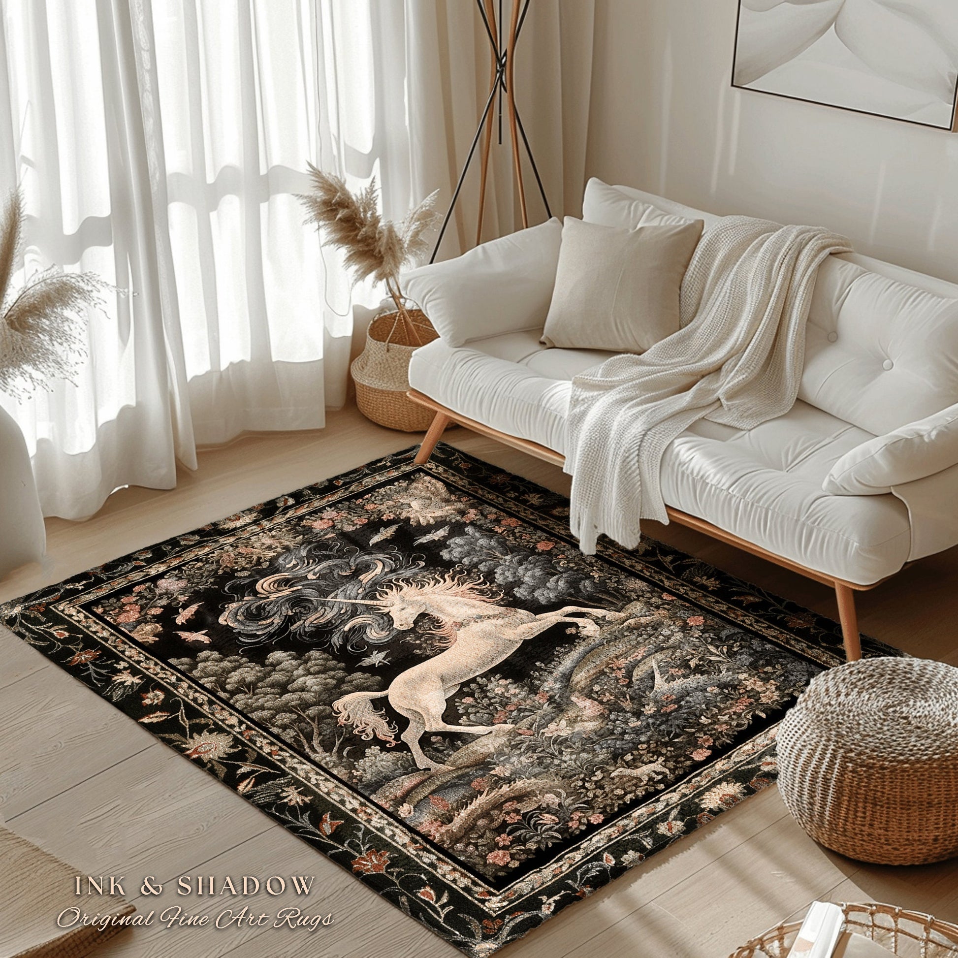 Enchanted Unicorn Accent Rug | Fairytale Aesthetic Nursery Decor Morris Style Cottagecore Fairycore Nursery Area Rug Mystical Storybook Art