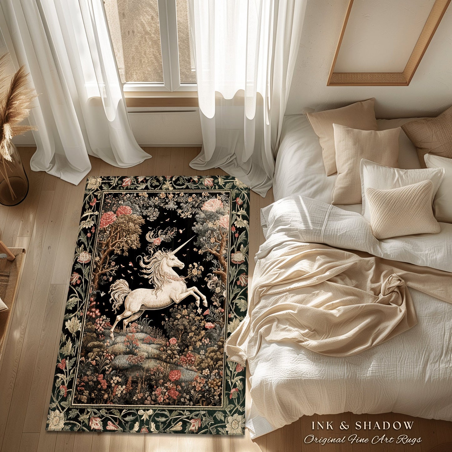 Unicorn Mystical Medieval Art Round Rug Folklore Whimsigothic Decor, Dark Cottagecore Mystic Grunge Fairycore Whimsical Witchy Home Accent |