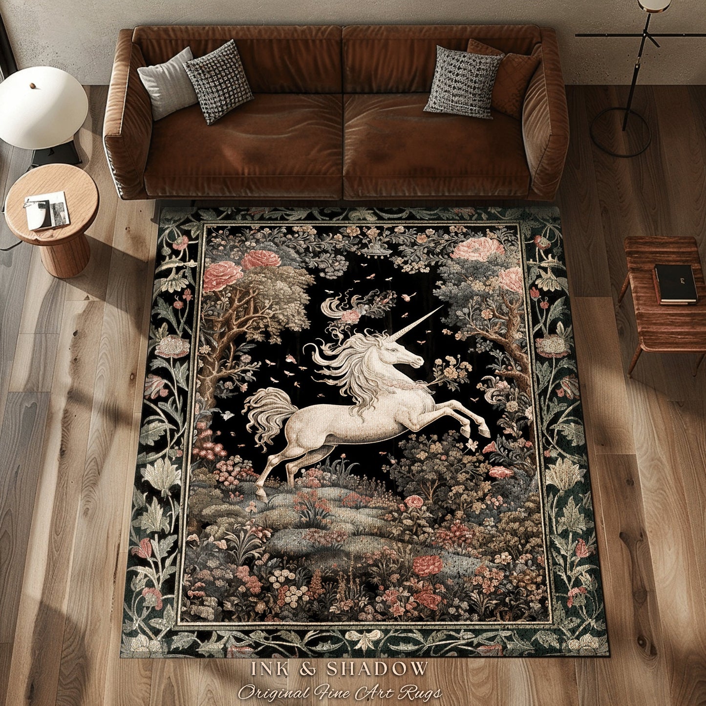 Unicorn Mystical Medieval Art Rug Folklore Whimsigothic Decor, Dark Cottagecore Mystic Grunge Fairycore Whimsical Witchy Home Accent Rug