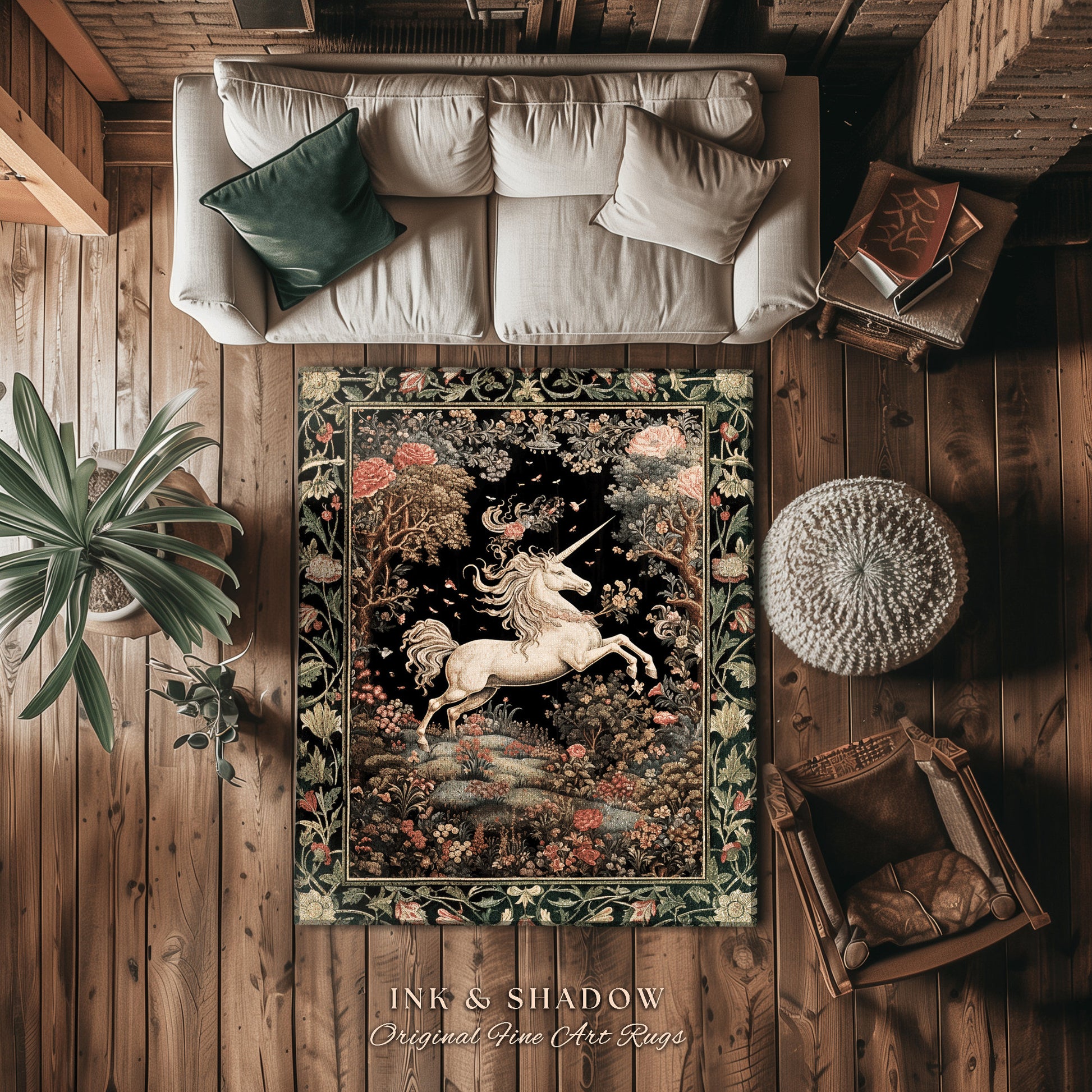 Unicorn Mystical Medieval Art Round Rug Folklore Whimsigothic Decor, Dark Cottagecore Mystic Grunge Fairycore Whimsical Witchy Home Accent |