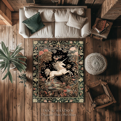 Unicorn Mystical Medieval Art Round Rug Folklore Whimsigothic Decor, Dark Cottagecore Mystic Grunge Fairycore Whimsical Witchy Home Accent |