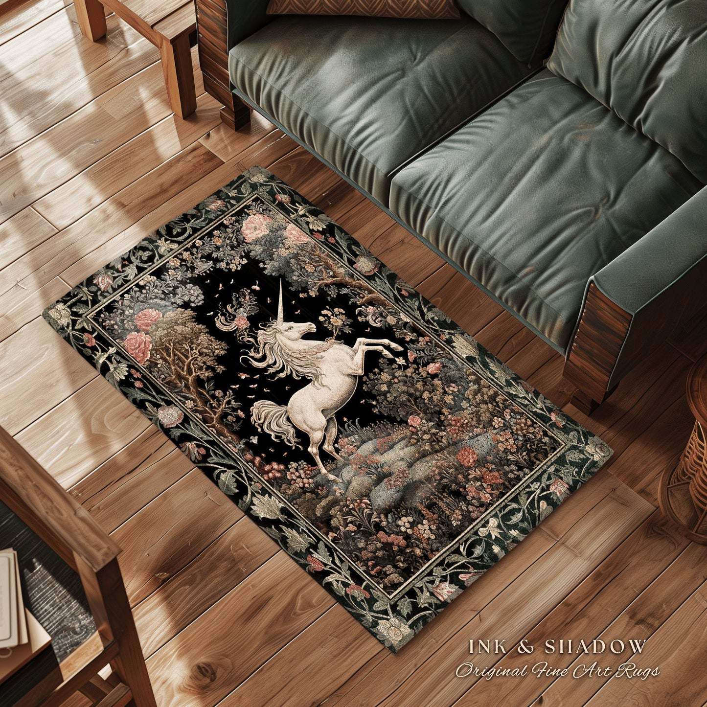 Unicorn Mystical Medieval Art Rug Folklore Whimsigothic Decor, Dark Cottagecore Mystic Grunge Fairycore Whimsical Witchy Home Accent Rug