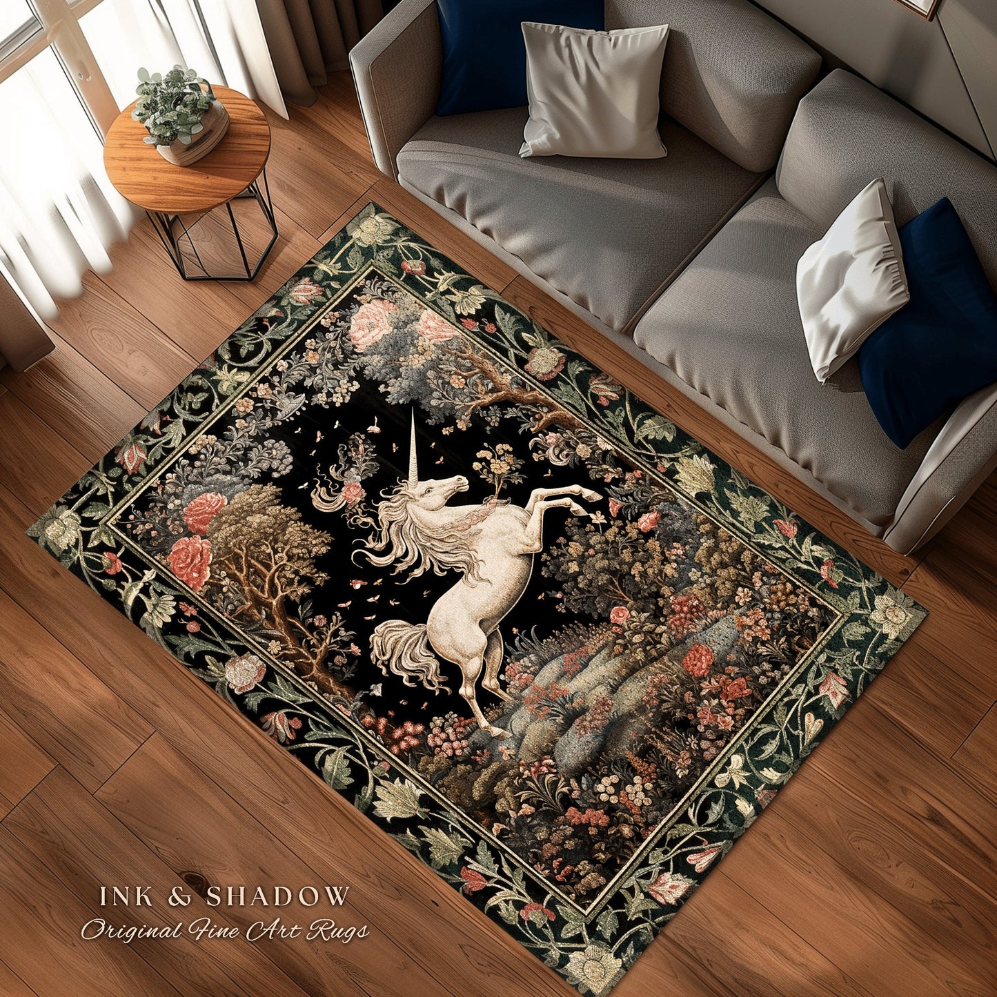 Unicorn Mystical Medieval Art Round Rug Folklore Whimsigothic Decor, Dark Cottagecore Mystic Grunge Fairycore Whimsical Witchy Home Accent |