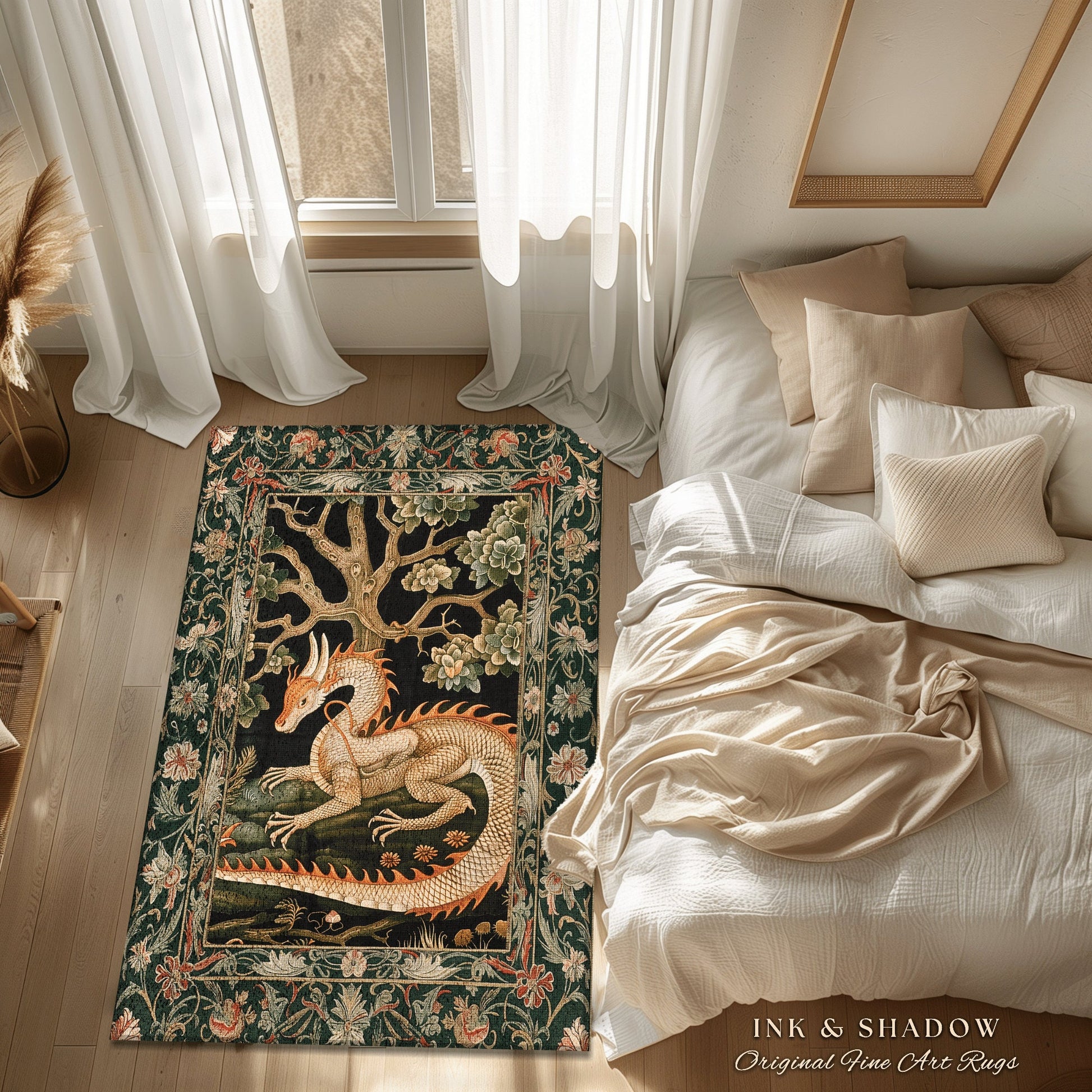 Enchanted Woods Dragon Rug | Medieval Aesthetic Fairytale Nursery Decor Morris Style Cottagecore Fairycore Bedroom Mystical Woodland Dragon