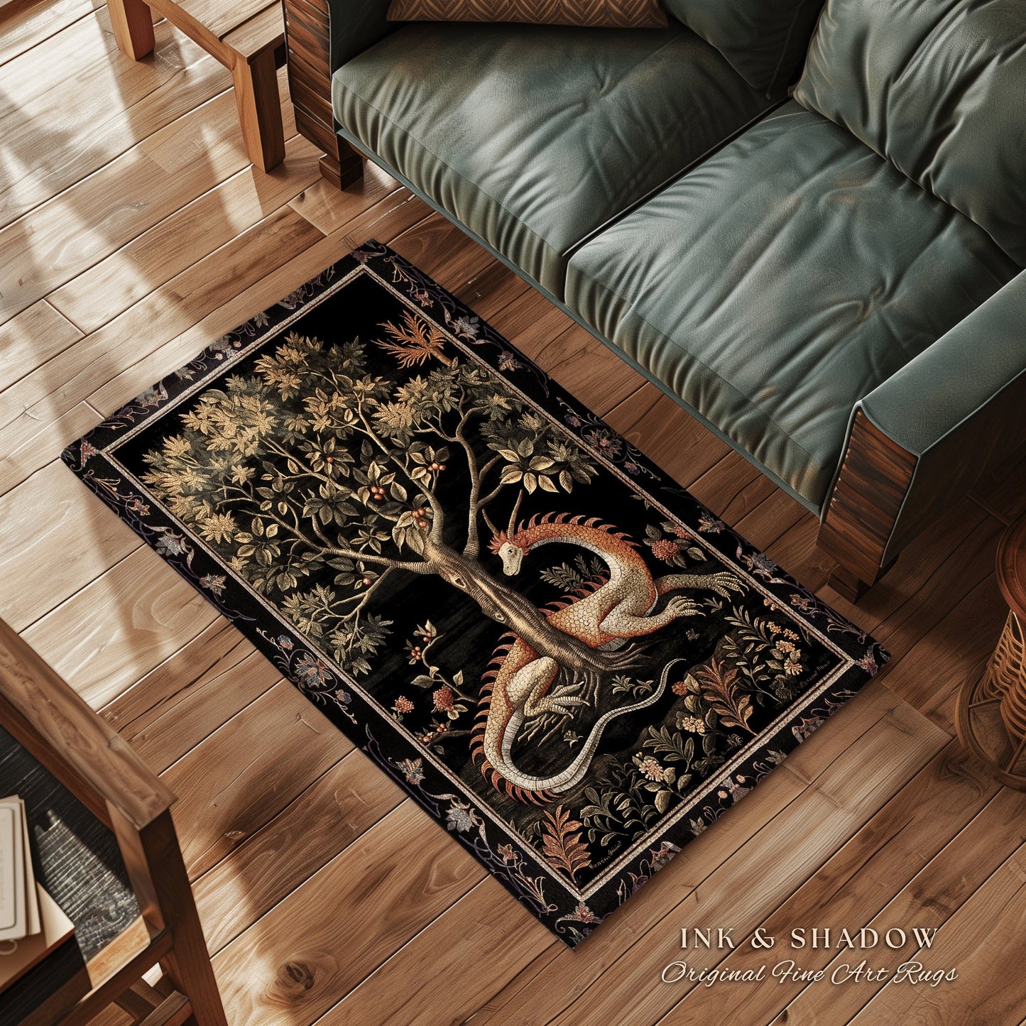 Goblincore Dragon Accent Rug | Medieval Fairytale Inspired Nursery Decor Morris Style Cottagecore Fairycore Gothic Dark Academia Bedroom |