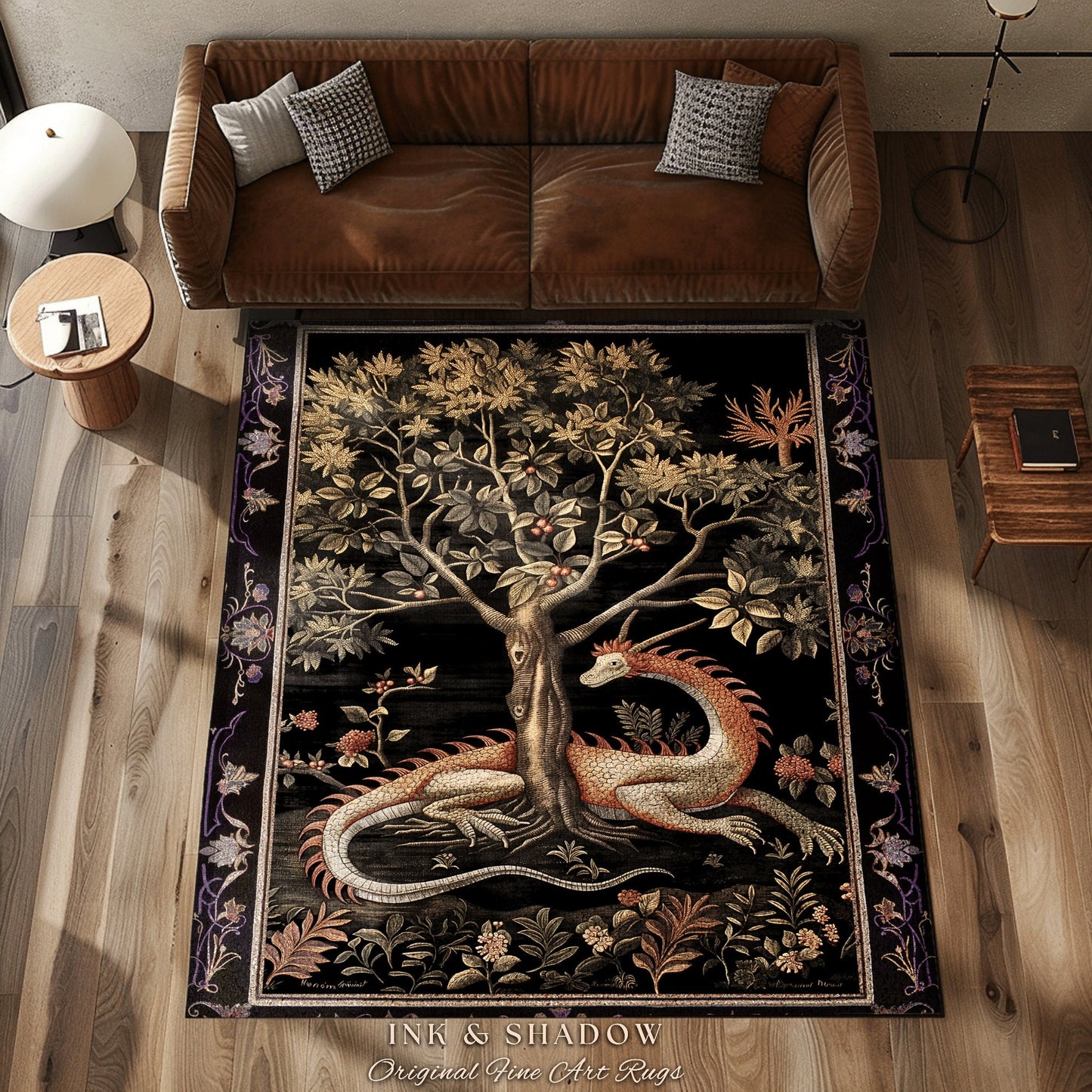 Goblincore Dragon Accent Rug | Medieval Fairytale Inspired Nursery Decor Morris Style Cottagecore Fairycore Gothic Dark Academia Bedroom |