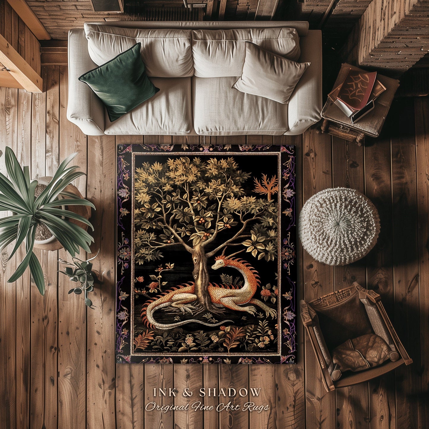 Goblincore Dragon Accent Rug | Medieval Fairytale Inspired Nursery Decor Morris Style Cottagecore Fairycore Gothic Dark Academia Bedroom |