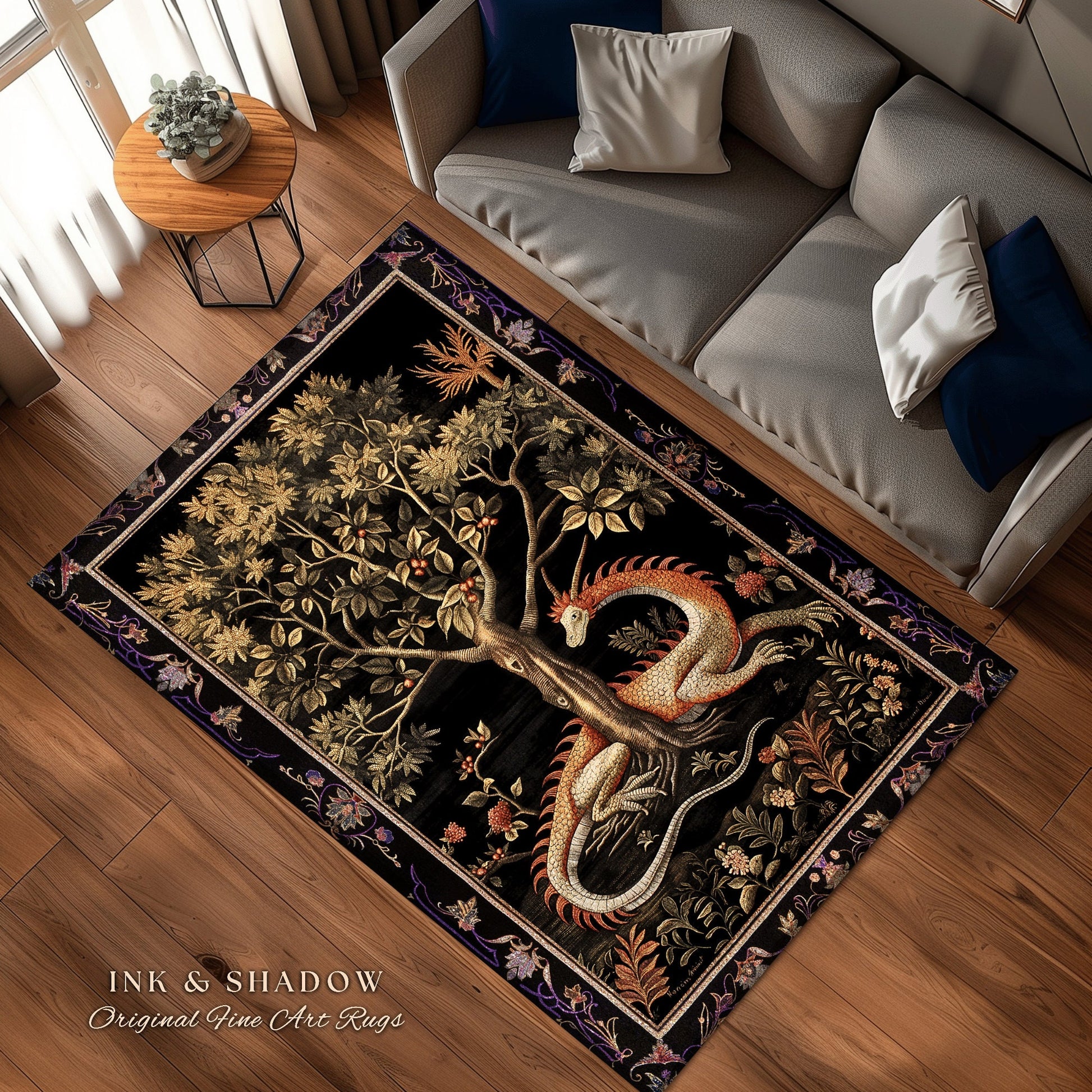 Goblincore Dragon Accent Rug | Medieval Fairytale Inspired Nursery Decor Morris Style Cottagecore Fairycore Gothic Dark Academia Bedroom |