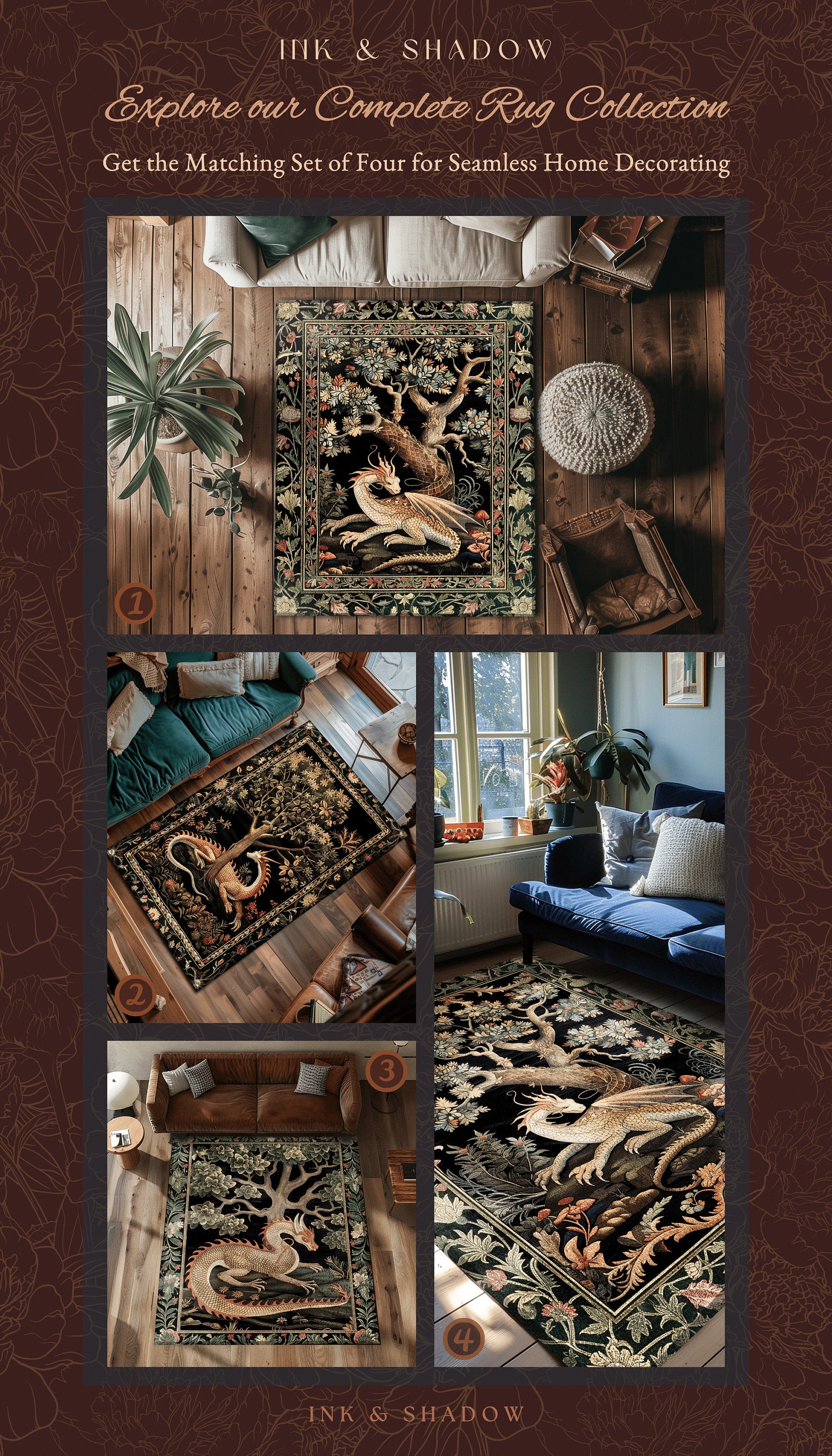 Fantasy Inspired Area Rug | Dark Academia Gothic Book Nook Decor Fairycore Bedroom Magical Dragon Aesthetic Maximalist Rug For Game Room |