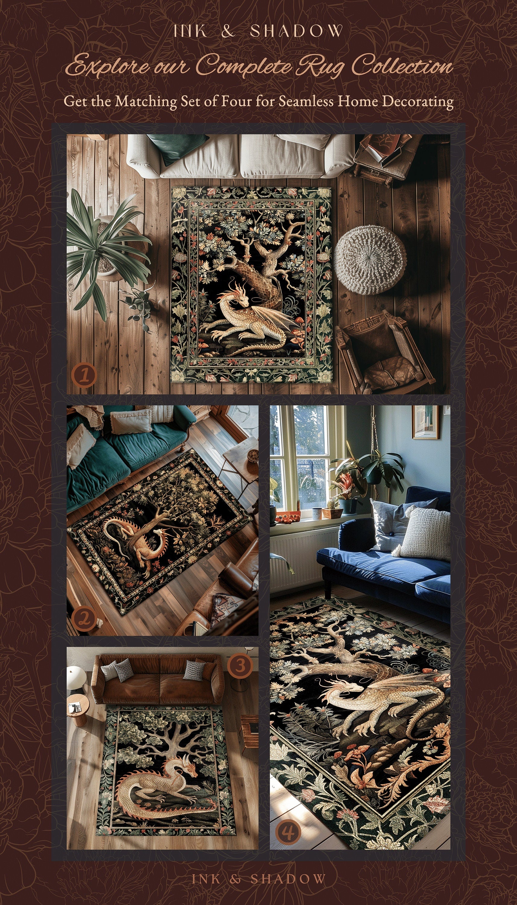 Dark Medieval Fantasy Round Area Rug | Baroque Aesthetic Fairytale Inspired Nursery Decor Mystic Academia Fairycore Goth Bedroom Home Accent