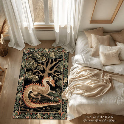 Mystic Medieval Dragon Area Rug | Gothic Home Decor Fairycore Bedroom Magical Aesthetic Maximalist Gift for Goths Woodland Dragon Lover Gift