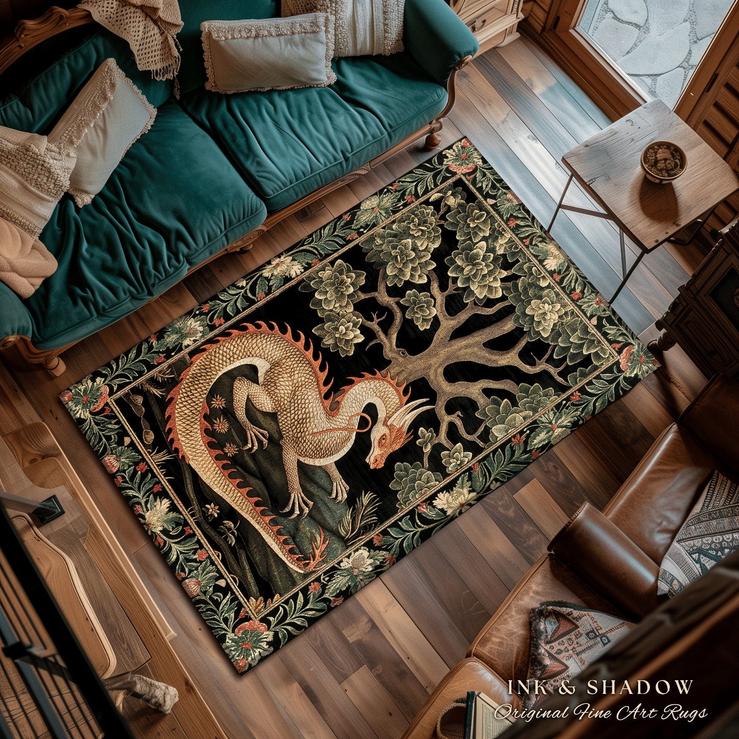 Mystic Medieval Dragon Area Rug | Gothic Home Decor Fairycore Bedroom Magical Aesthetic Maximalist Gift for Goths Woodland Dragon Lover Gift