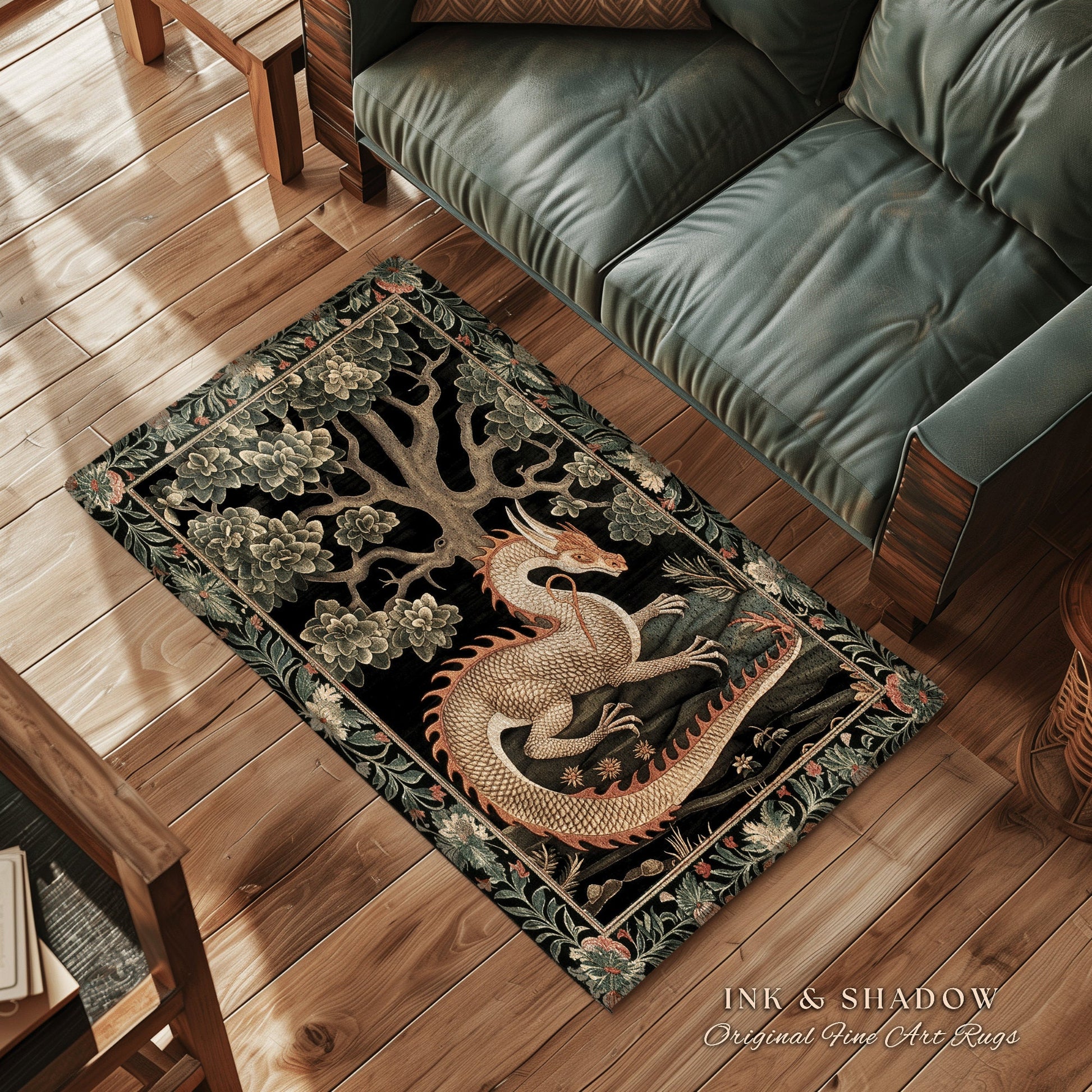 Mystic Medieval Dragon Area Rug | Gothic Home Decor Fairycore Bedroom Magical Aesthetic Maximalist Gift for Goths Woodland Dragon Lover Gift