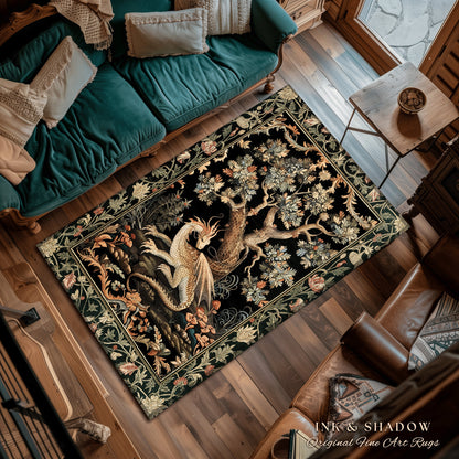 Fantasy Inspired Area Rug | Dark Academia Gothic Book Nook Decor Fairycore Bedroom Magical Dragon Aesthetic Maximalist Rug For Game Room |