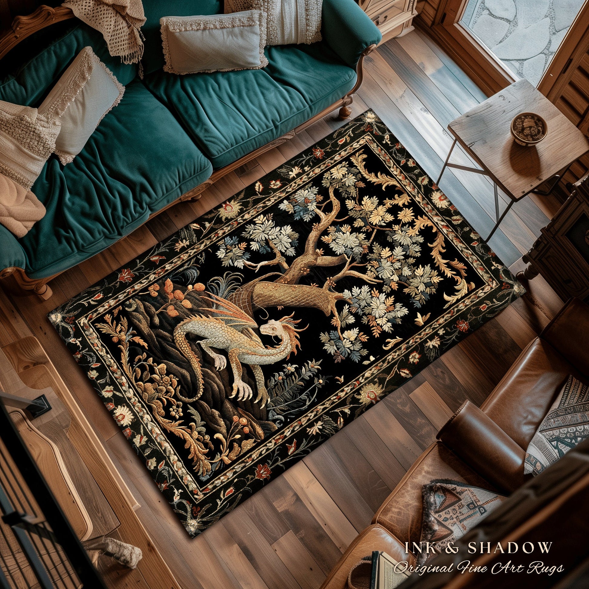 Dragon Aesthetic Botanical Rug | Dark Academia Room Decor Fairytale Inspired Nursery Gift Dark Cottagecore Fairycore Mystical Game Room Rug