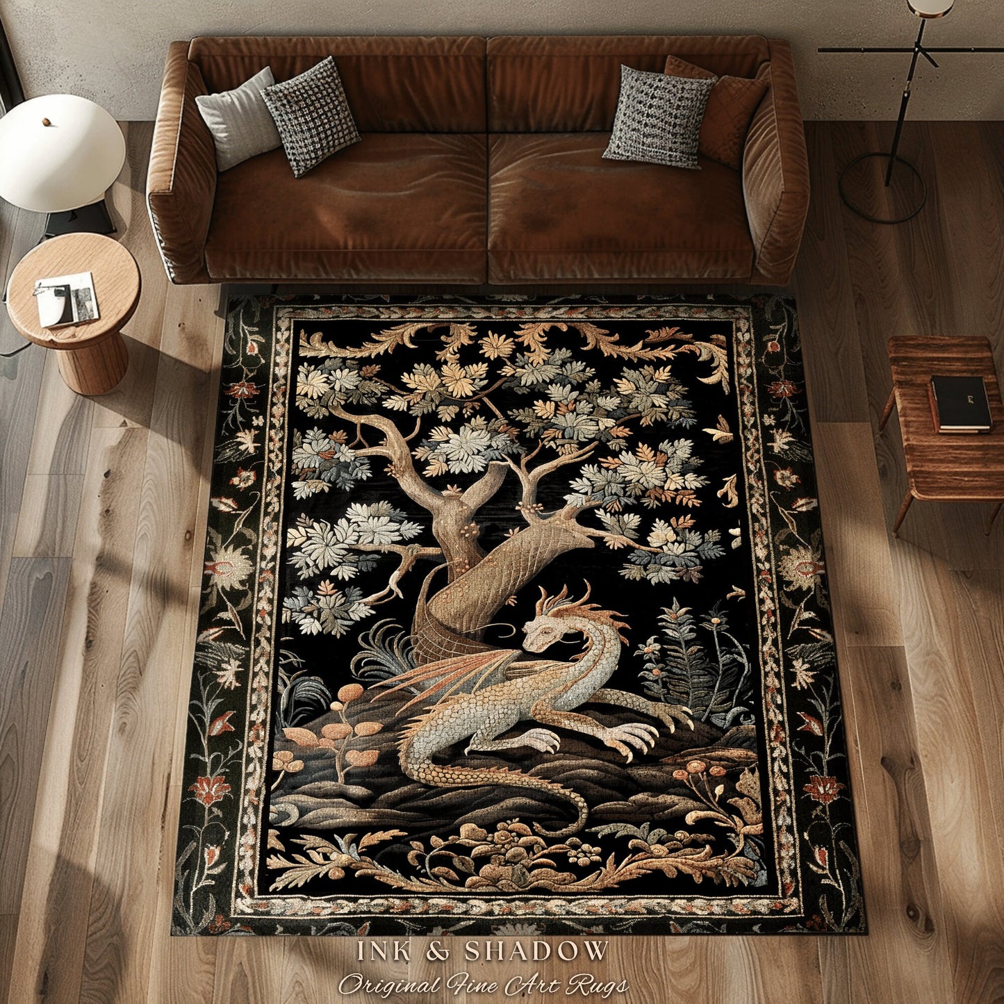 Dragon Aesthetic Botanical Rug | Dark Academia Room Decor Fairytale Inspired Nursery Gift Dark Cottagecore Fairycore Mystical Game Room Rug