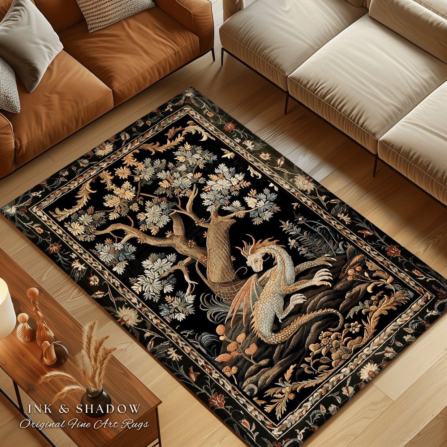 Dragon Aesthetic Botanical Rug | Dark Academia Room Decor Fairytale Inspired Nursery Gift Dark Cottagecore Fairycore Mystical Game Room Rug