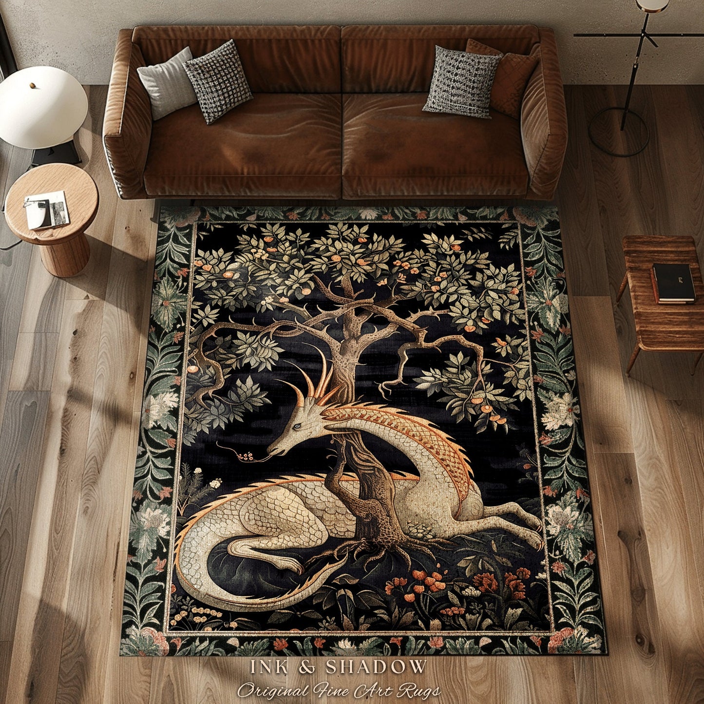 Dark Academia Dragon Area Rug | Medieval Folklore Room Decor Fairytale Inspired DnD Gift Dark Cottagecore Fairycore Mystical Game Room Rug |