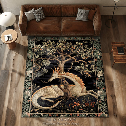 Dark Academia Dragon Area Rug | Medieval Folklore Room Decor Fairytale Inspired DnD Gift Dark Cottagecore Fairycore Mystical Game Room Rug |