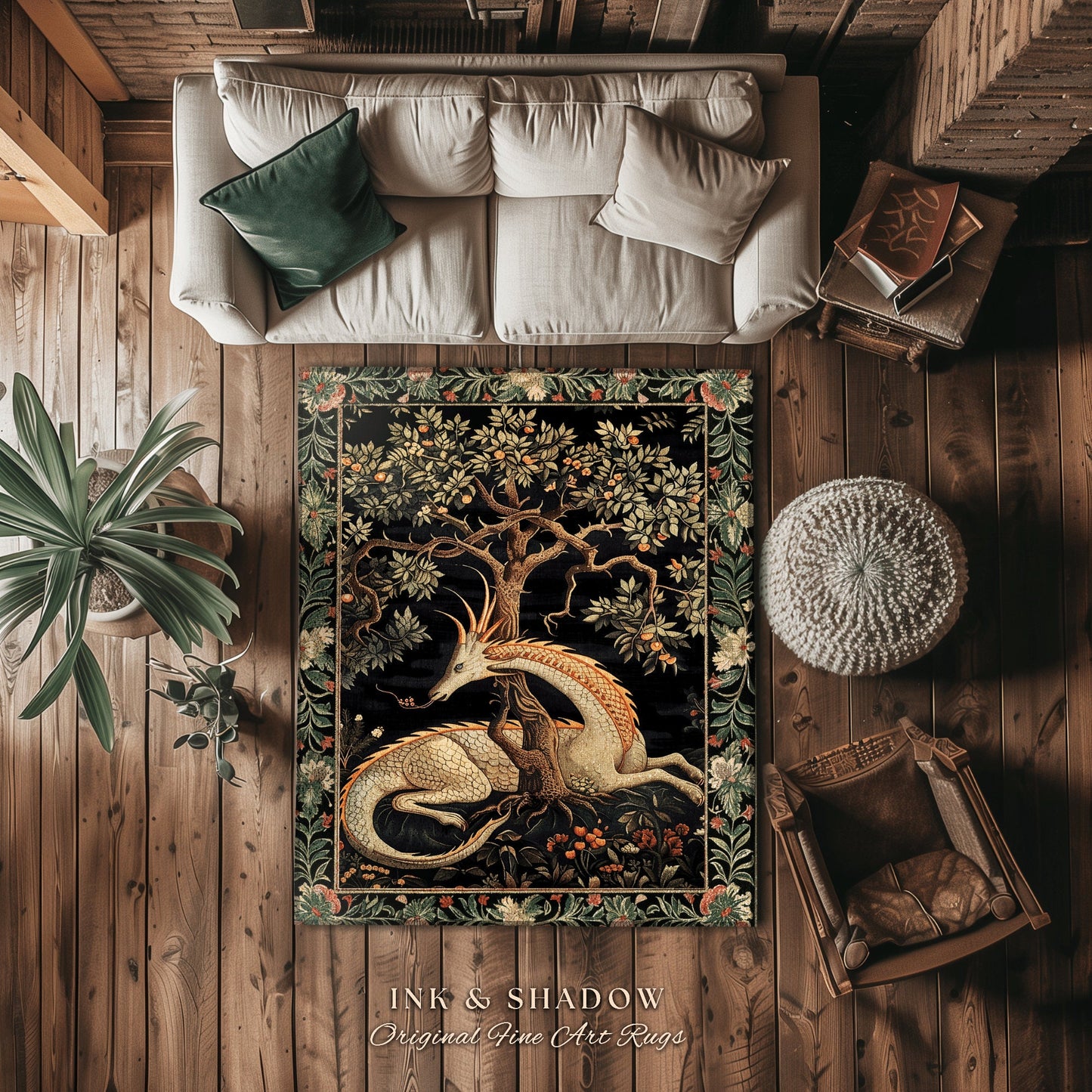 Dark Academia Dragon Area Rug | Medieval Folklore Room Decor Fairytale Inspired DnD Gift Dark Cottagecore Fairycore Mystical Game Room Rug |